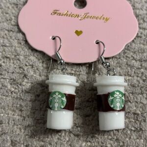 Mini Coffee Cup Dangle Earrings with Green Logo